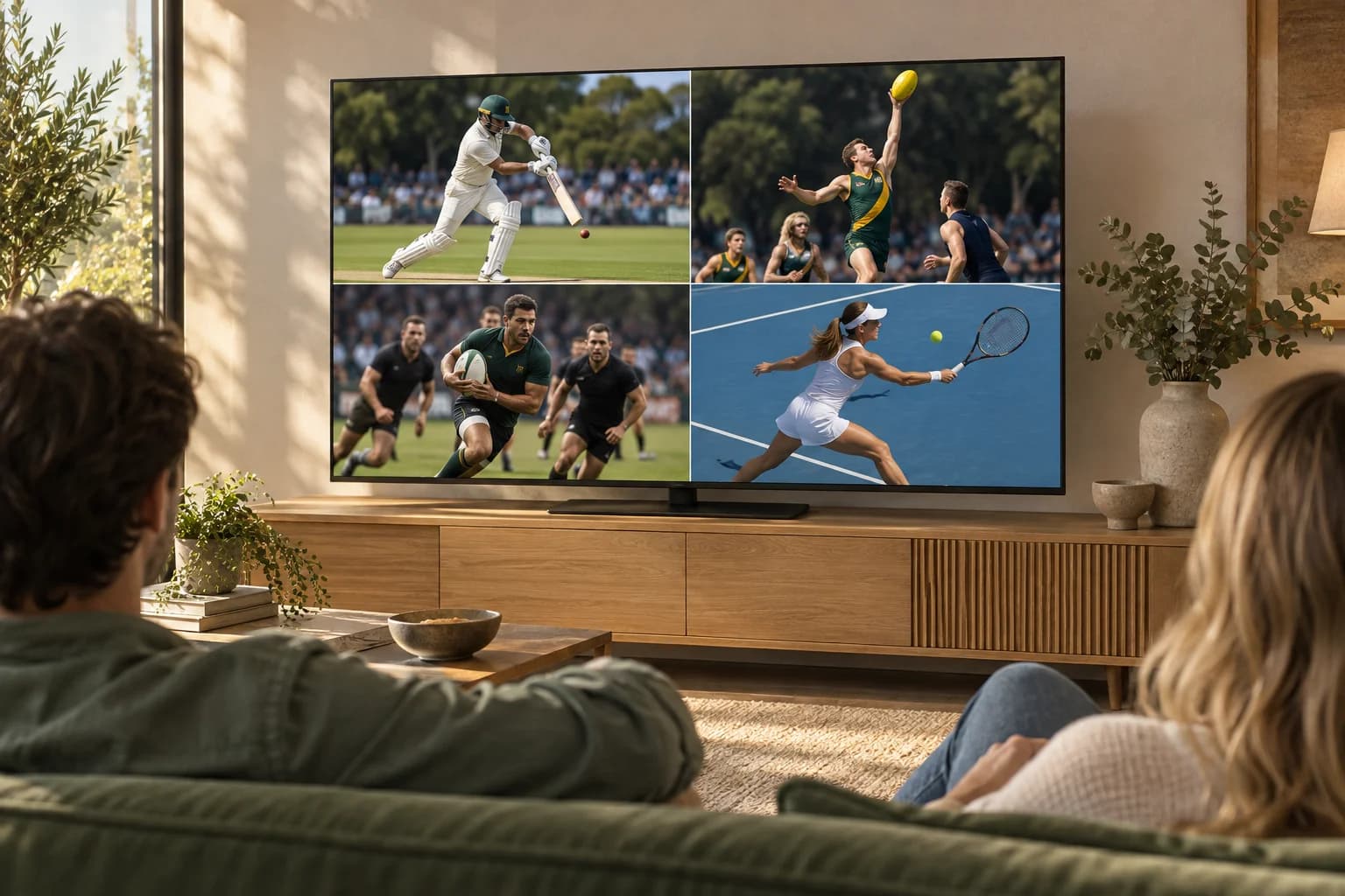 An Australian living room with cricket, Australian football, rugby and tennis illustrated on the television